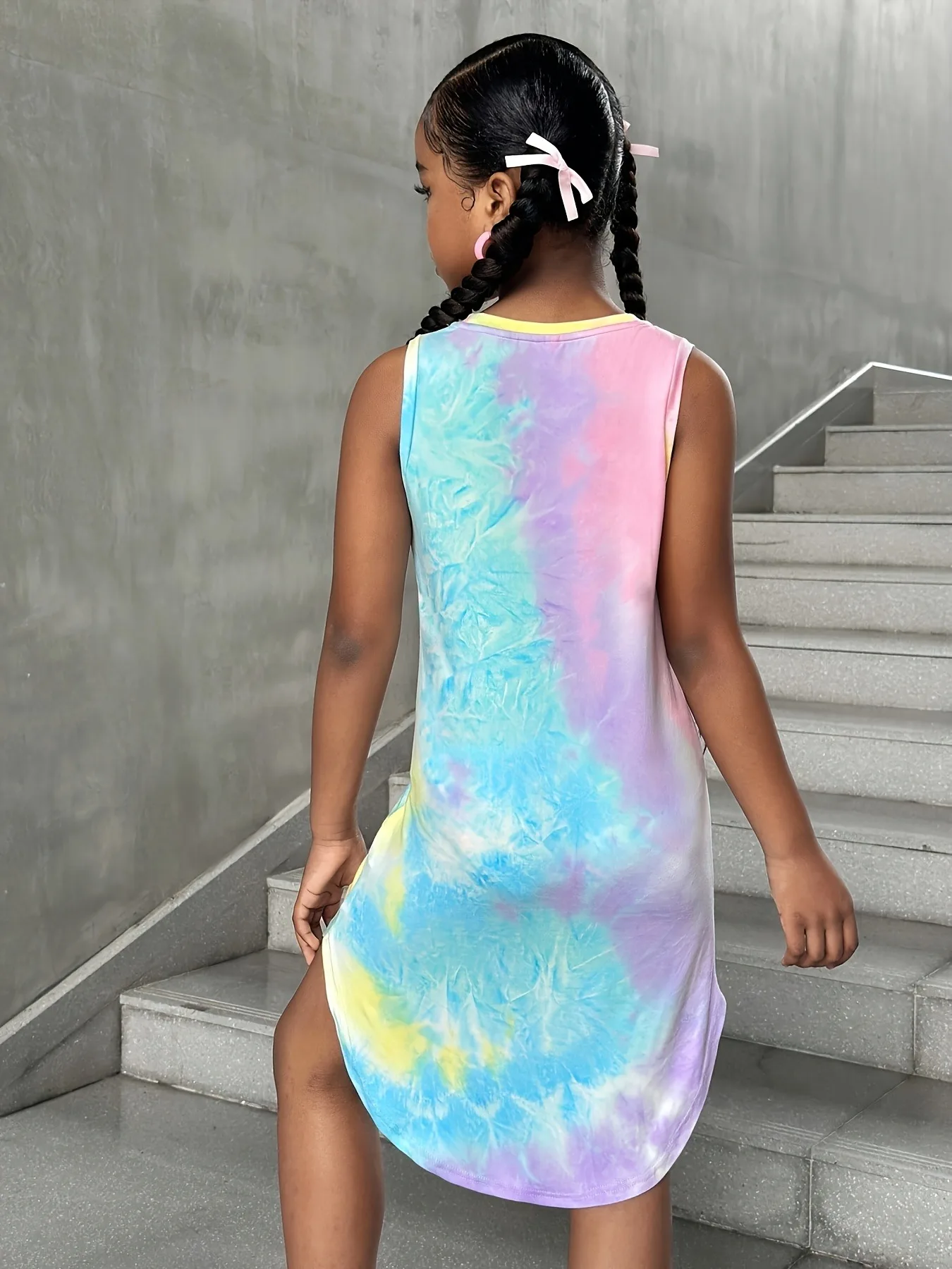 Stretchy Kids Girls Single Piece Summer Dress, Round Neck Sleeveless Colorful Tie Dye Split Hem Tank Dress for School Outings Ma