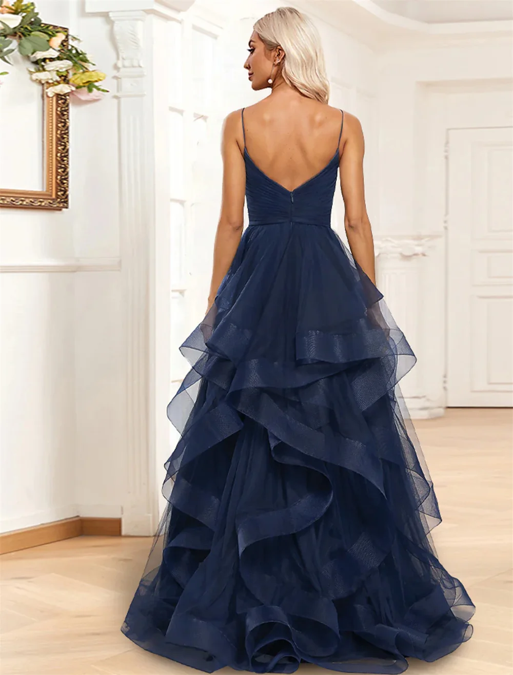 Vestido de baile azul marinho feminino, Ruffles de tule, Vestidos de noite, Vestido de noiva, 2024