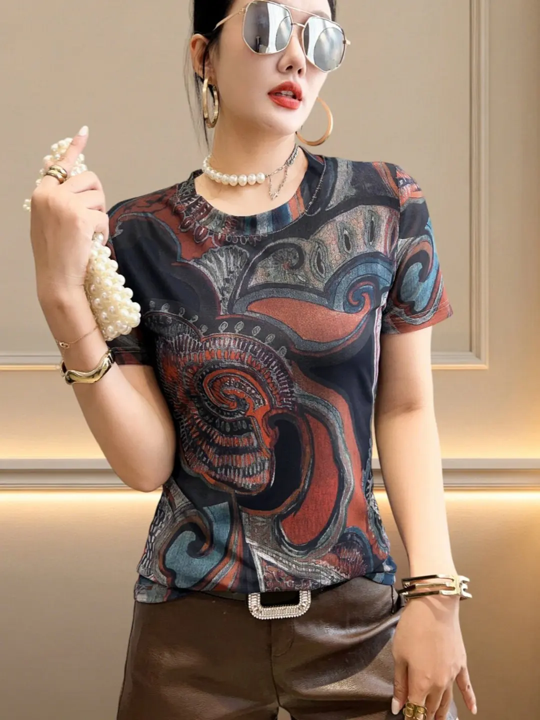 

Retro Floral Print Mesh Short Sleeve T-Shirt Women's Summer Elegant Unique Beautiful Top Fashionable Youthful Shirt