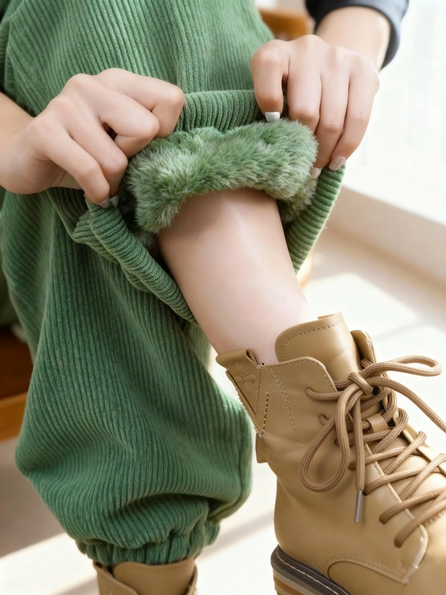 Pantalones de pana con forro polar grueso, cintura alta, con puños, cálidos para invierno, de algodón, color verde, a la moda, nueva llegada, para mujer.