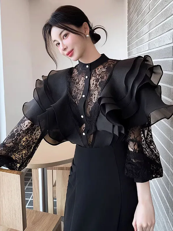 

Spring Summer 2026 Fairy Lace Trimmed irt Korean Sle Loose Fit Long Sve Button up Versatile Top for Young Women