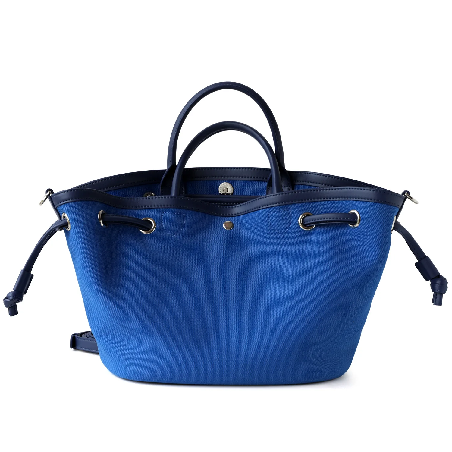 

Canvas spliced ​​cowhide drawstring tote bag 2025 new niche design large capacity commuter bucket bag fashionable ladies handbag