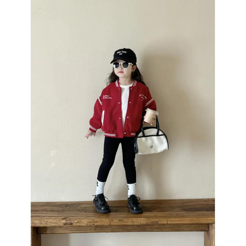 Girls' Suit2024Autumn New Children Baseball Uniform Jacket Long-Sleeved Bottoming Shirt Children's Leggings All-Matching