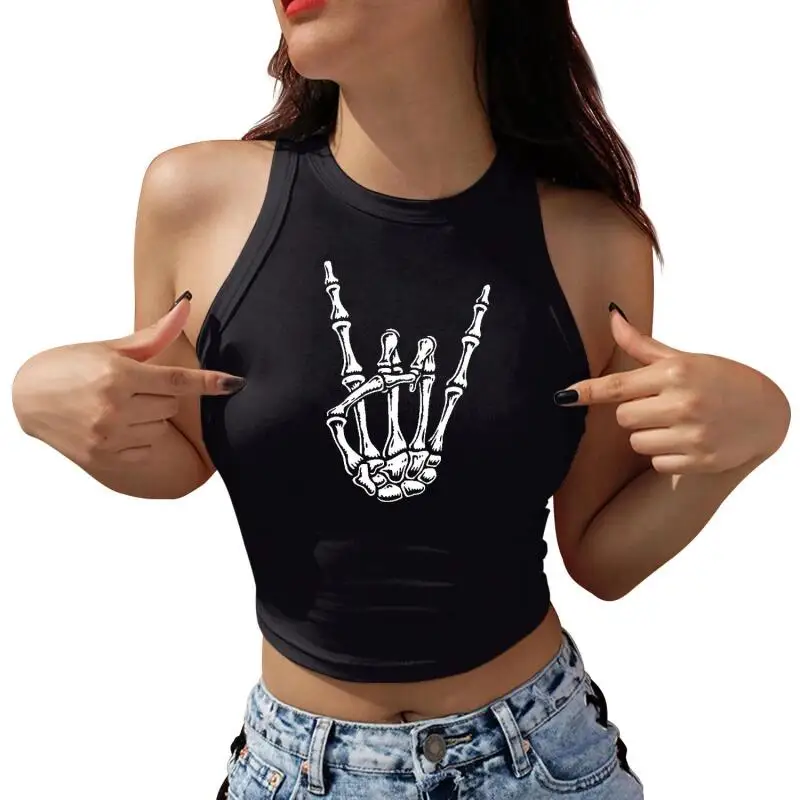 Nadanbao Skeleton Hand Print Crop Top Sommer Schwarz Orange Ärmellose Tanktops Damen O-Ausschnitt Kurze Weste Halloween Party Lustiges Top – Detail 6