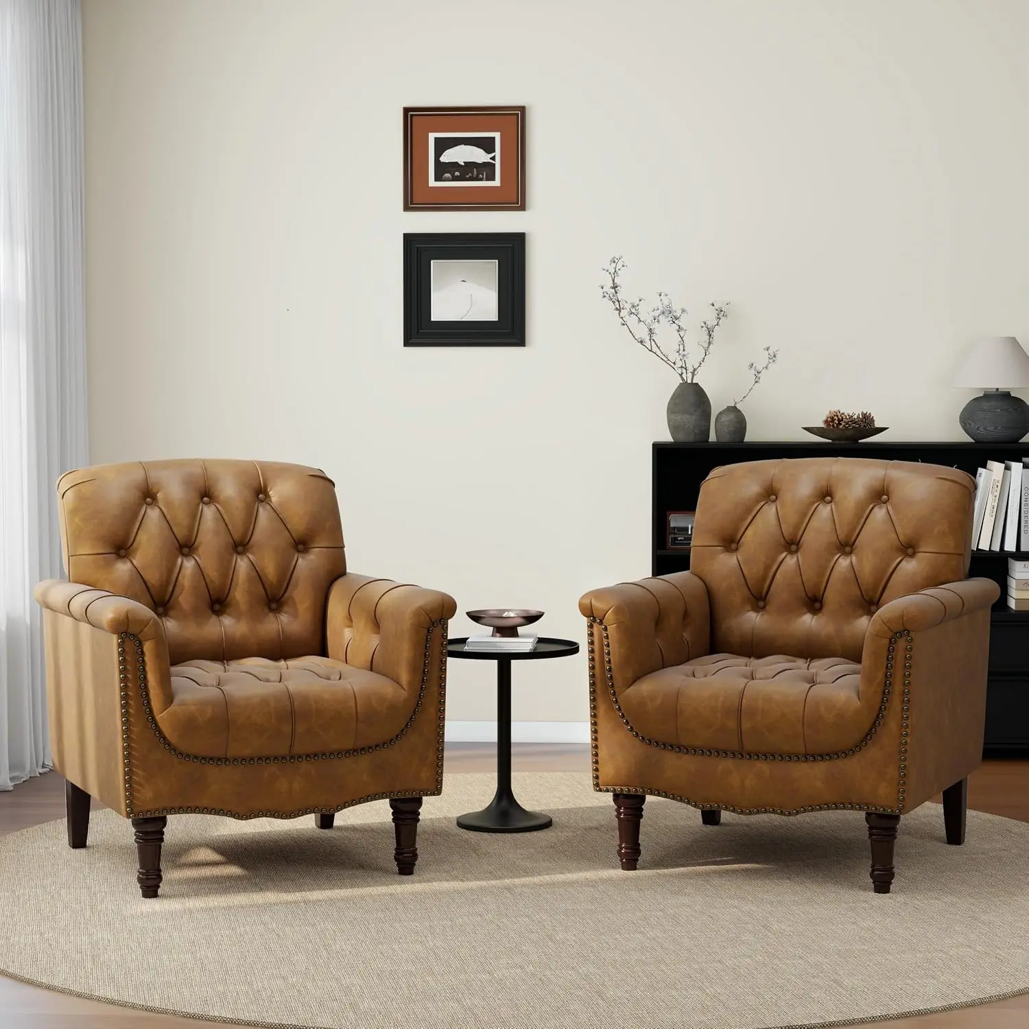 Faux Leather Tufted Armchair Set of 2, Upholstered Accent Chair for Living Room Bedroom, Camel, Customized