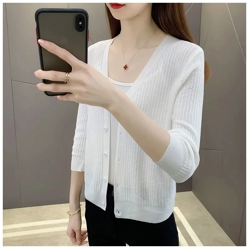 Plus Size Women\'s Knitted Cardigan Summer Thin Ice Silk Solid Short Loose V-Neck Sun Protection Hollow Top Ropa De Mujer Ofertas