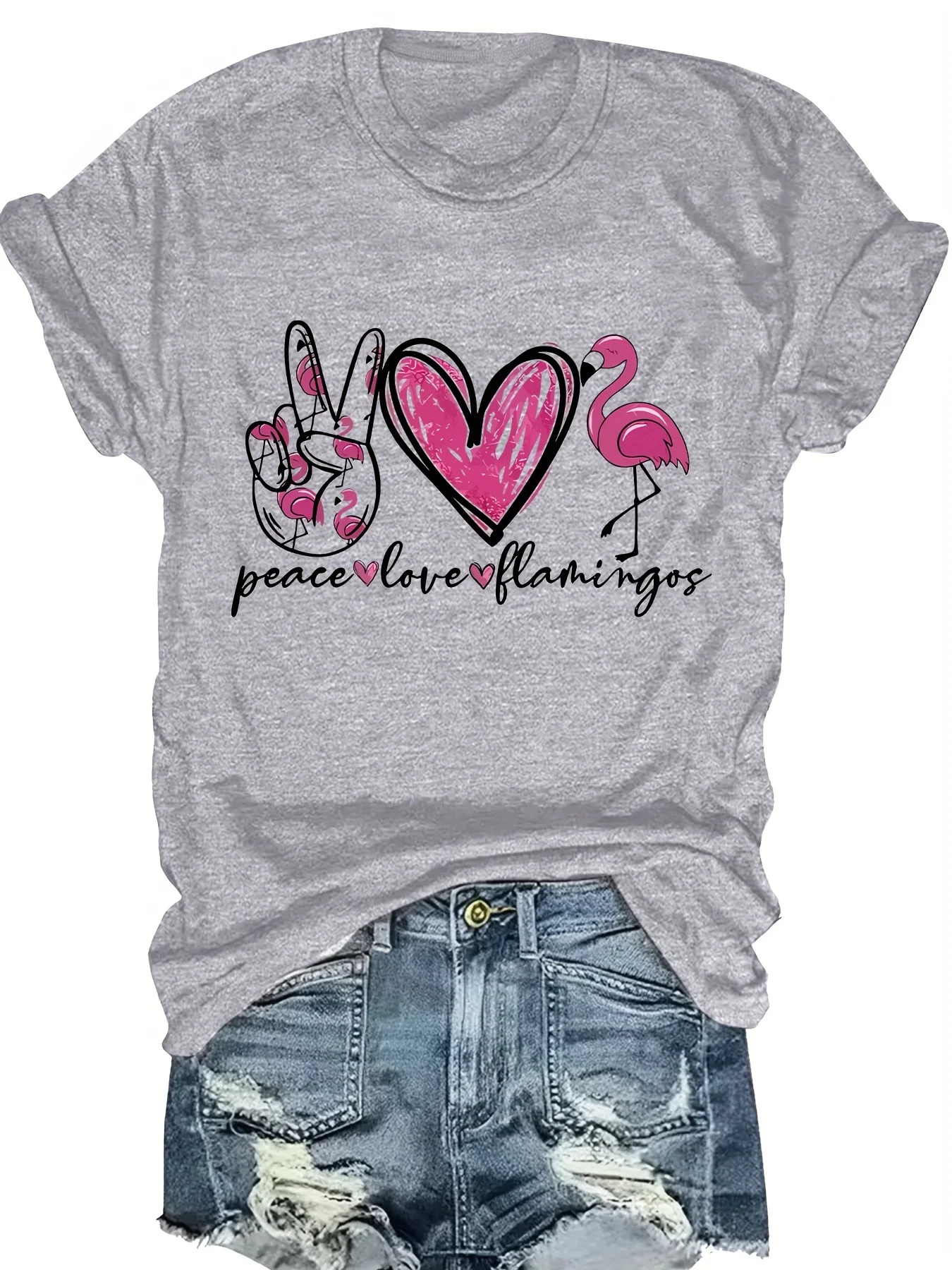

Fashionable Heart Pattern Print Ladies round Neck Short Sleeve T-Shirt Stylish Casual Top for Women