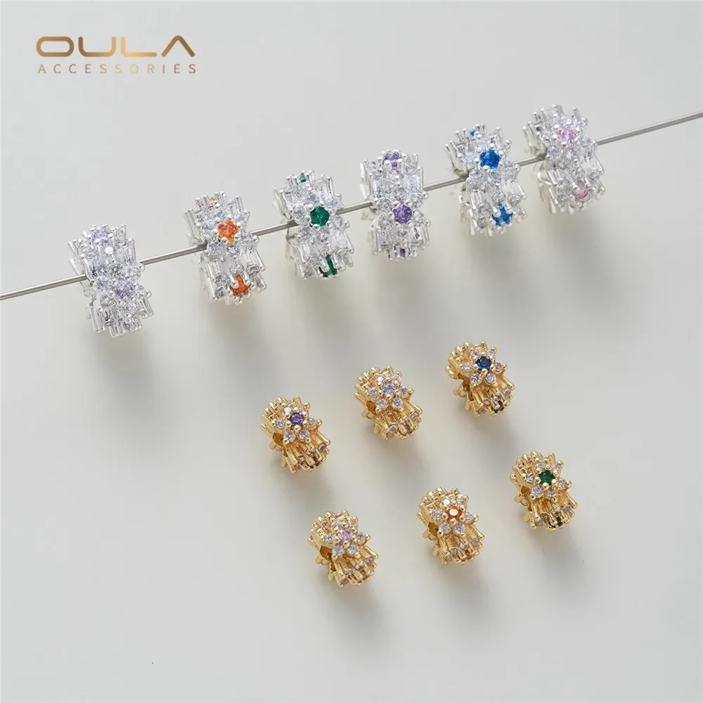 

14K Gold-plated Silver-encrusted Zirconium-set Snowflake Star-studded Large-hole Spacer Beads Diy Bracelet Pearl Jewelry Accesso