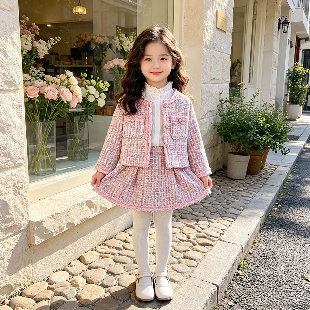 Girls Tweed 2 Piece Set Autumn Spring Kids Pearl Button Fringe Coat Pleated Skirt Toddler Elegant Pink Children Outfit 90-140cm