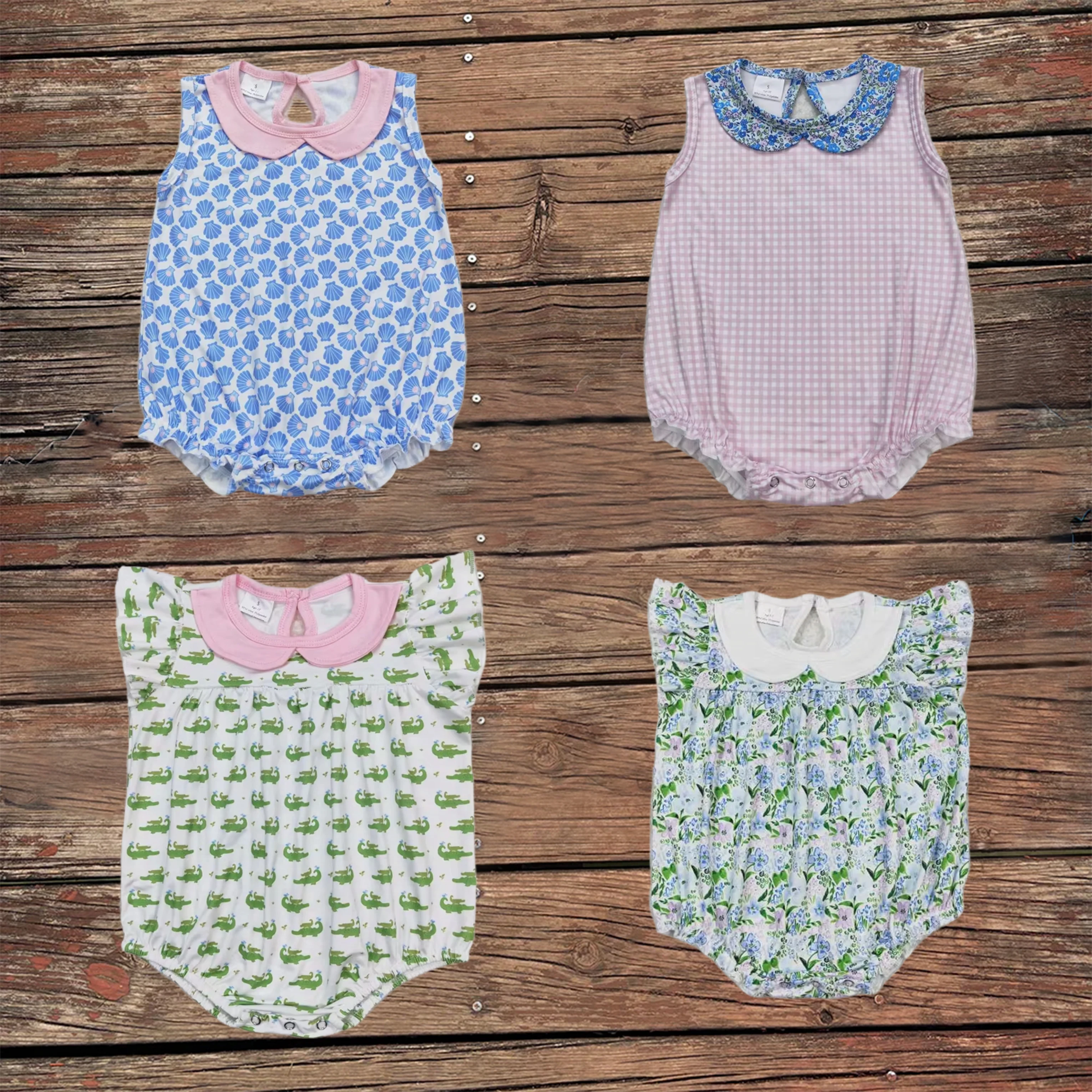 Wholesale Sibling Sister Baby Girls Pink Checkered Collar Bubble Rompers Newborn Coverall Bodysuit Kids Children Clothes