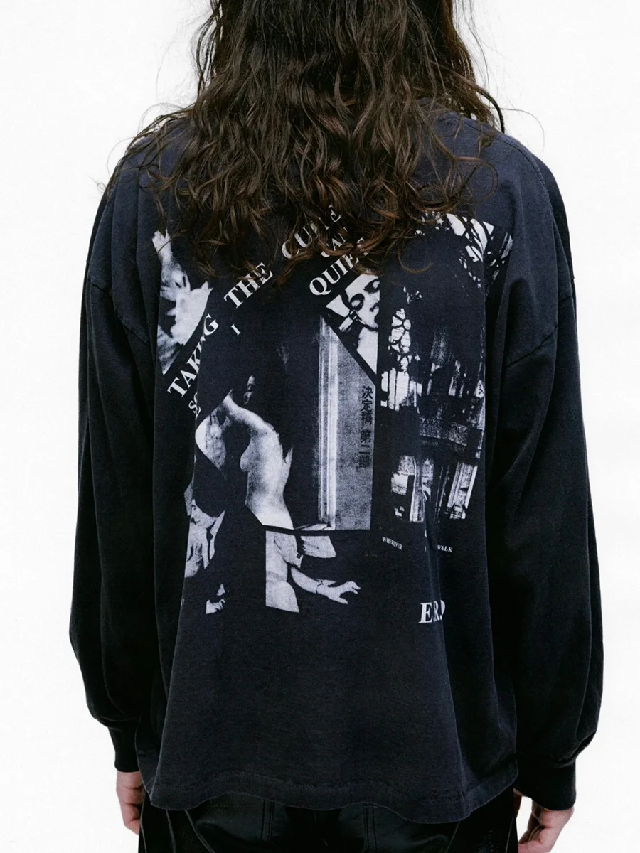 Retro Washed Long Sleeve T-Shirt Men's Distressed Print Loose Fit Cotton Breathable Casual round Neck Autumn Wear for Couples