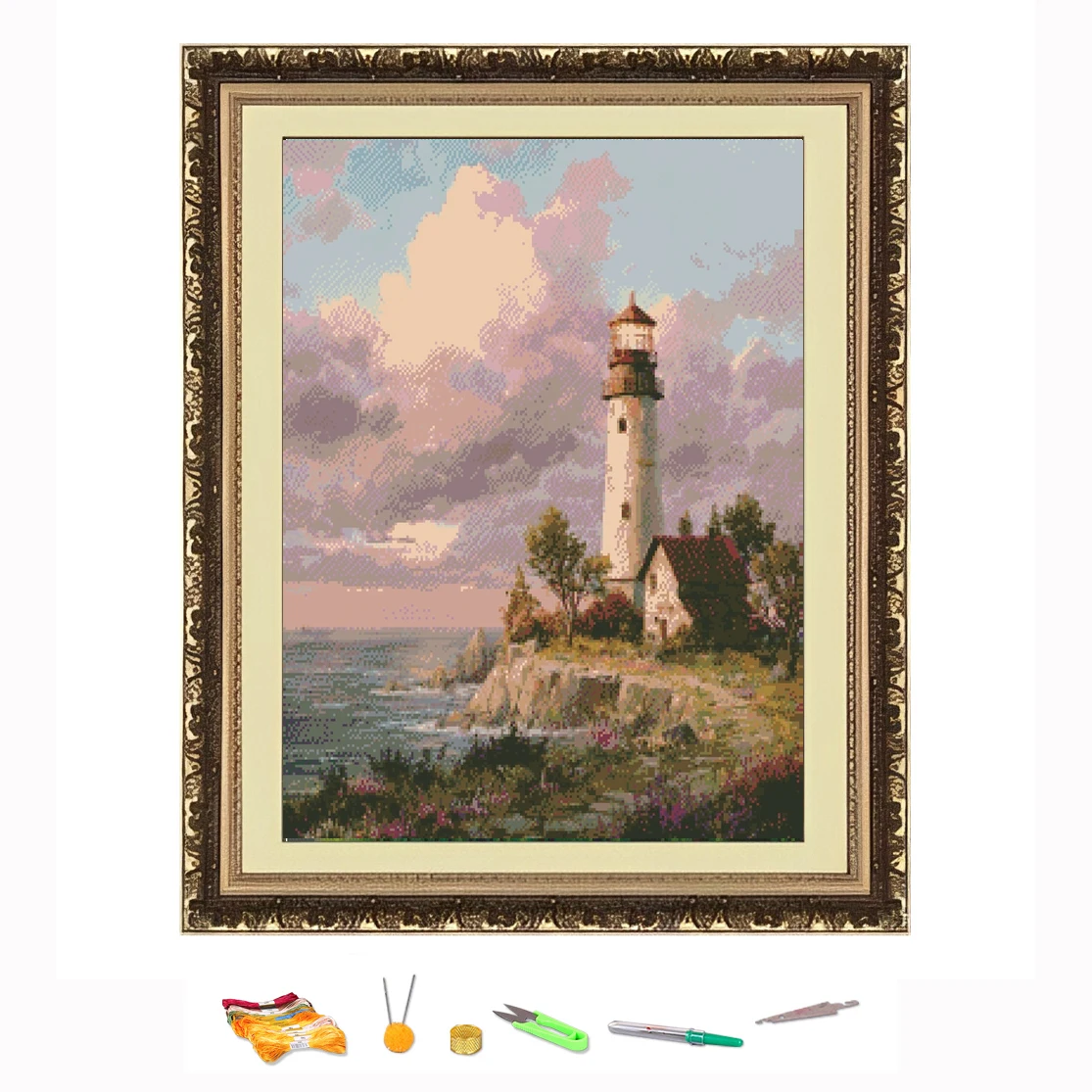 

Cross Stitch Embroidery Little house under the lighthouse Thread Drawing DIY Needlework Kit Decorate Printed on Canva 11CT