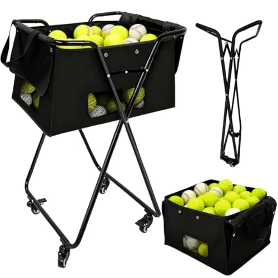

Tennis Ball Hopper Cart with 4 Wheels Foldable Large Capacity Pickleball and Tennis Ball Collector for Court Training Coaching