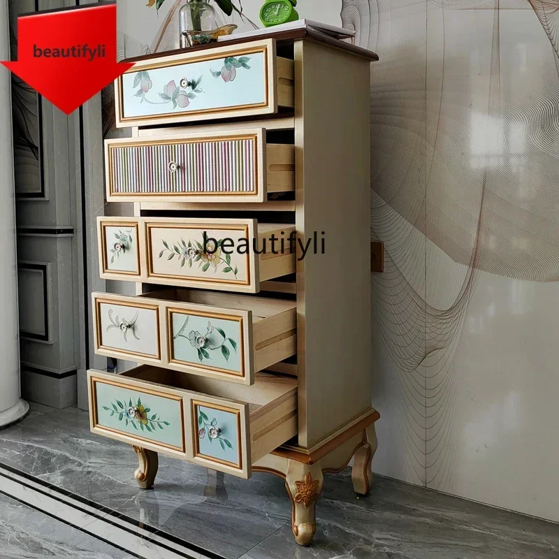 Q181 American solid wood bedroom chest cabinet Mediterranean retro painted drawer wine cabinet storage cabinet