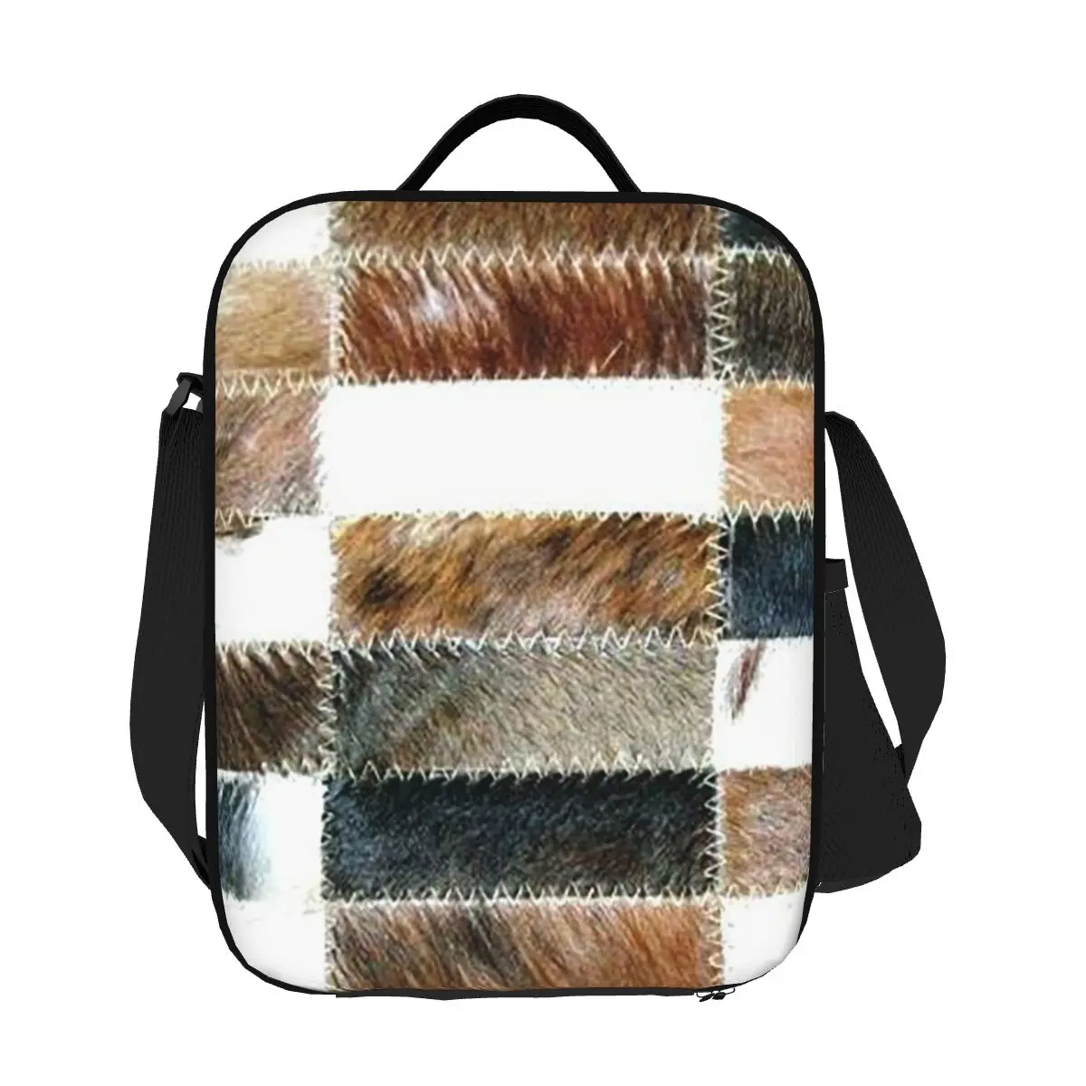 

Custom Cowhide Patchwork Texture Insulated Lunch Bag for Women Animal Fur Leather Cooler Thermal Lunch Box Office Picnic Travel