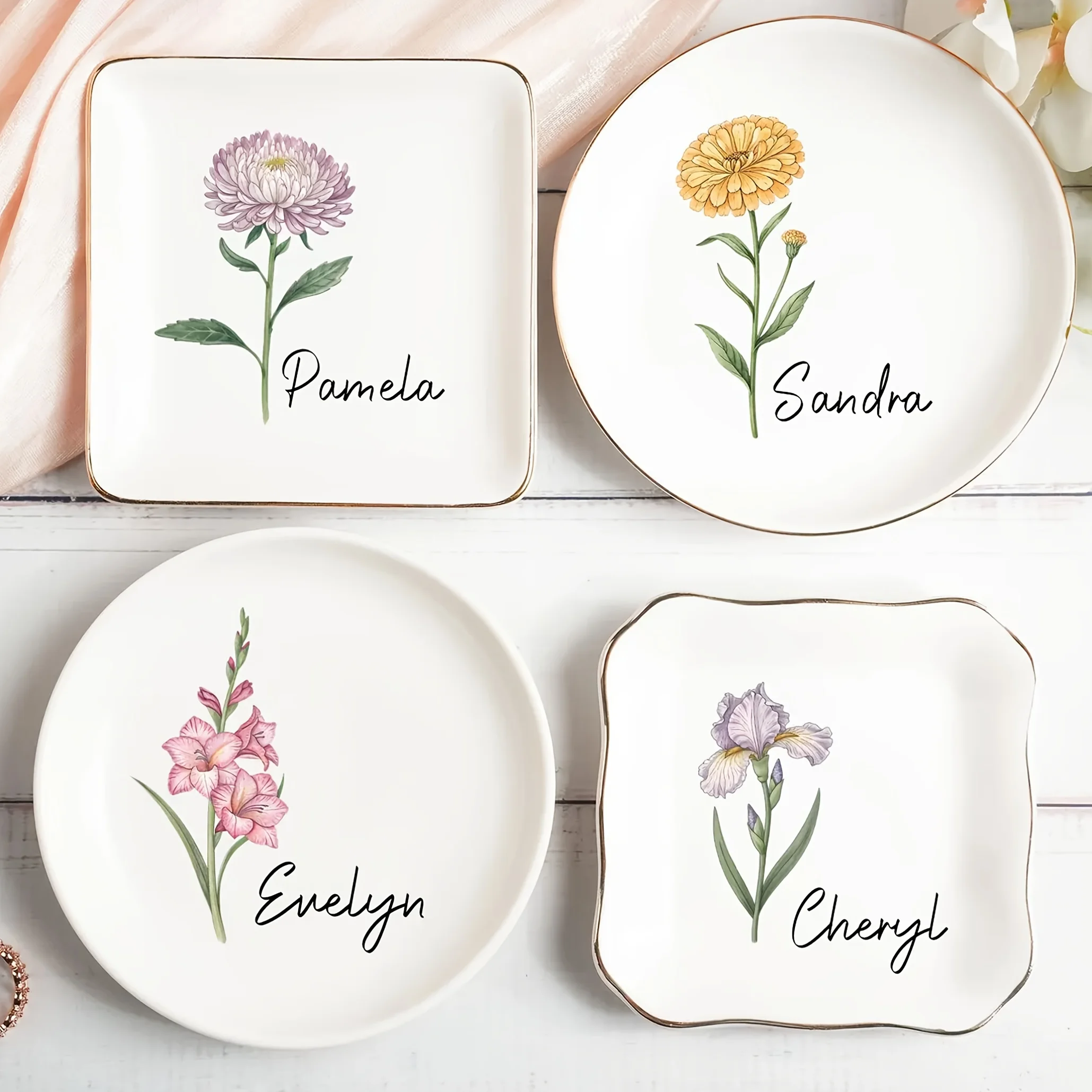 Personalized Birthday Flower Jewelry Tray, Custom Birthday Flower Ring Dish, Friend's Birthday Jewelry Tray, Bridesmaid Gift for