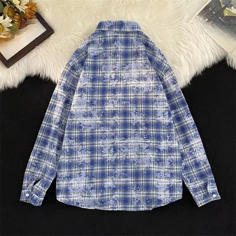 EBAIHUI Blue Checkered Embroidered Man Shirt American Retro Long Sleeved Single Breasted Male Top Spring Autumn Loose Thin Coat