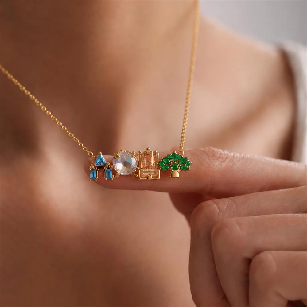 Cute Sweet Colorful Crystal Amusement Park Pendant Necklace for Girl Daily Wear Jewelry Women Rose Gold Choker Bridesmaid Gift