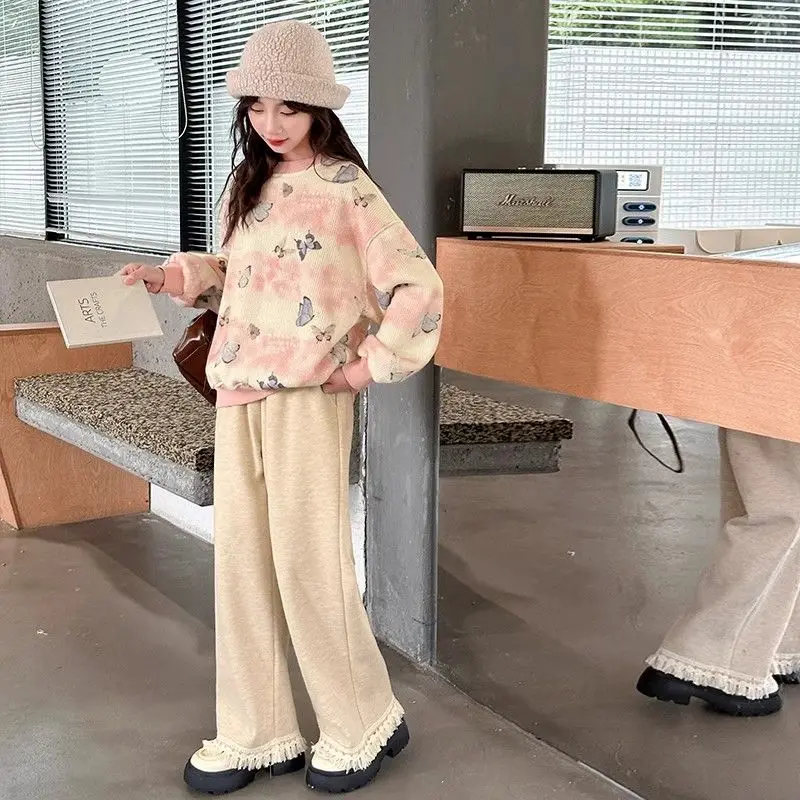 

Толстовка с бабочкой и широкими брюками, топ и комплект из 2 предметов: толстовка на флисовой подкладке, одежда для девочек 6, 7 лет, осень-зима