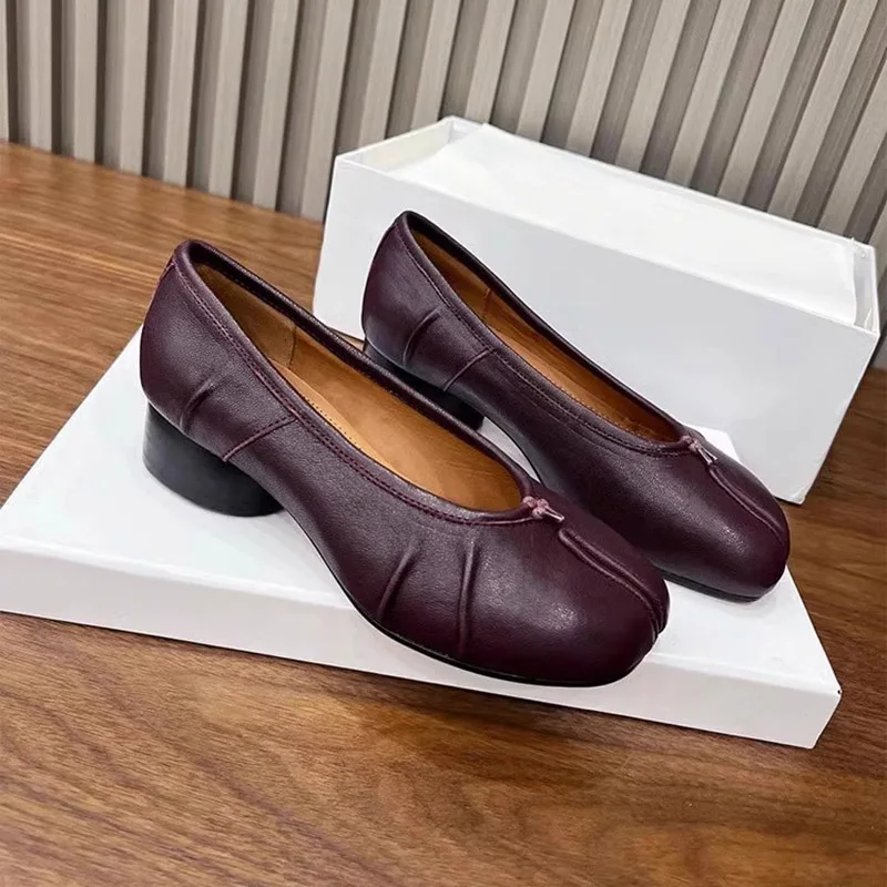 New Tabi Shoes Women Split Toe Ninja Pumps Woman High Heels Woman Party Chunky Round Heels Pig Hoof Shoes Woman chaussure femme