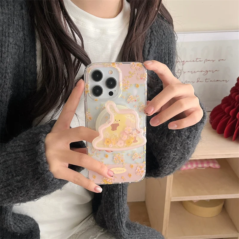 

Korean Cute Cartoon Reading Duck Flower Magsafe Wireless Charge Case For iPhone 13 14 15 16 Pro Max 3D Duck Shake Magnetic Stand