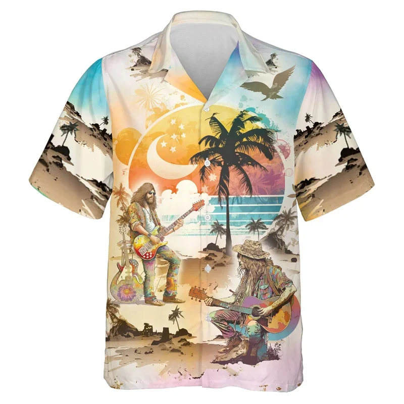 Camisa masculina havaiana de instrumentos musicais, gráfico musical hippie, blusa impressa em 3D, casual rua, manga curta Aloha camisas, lapela tops