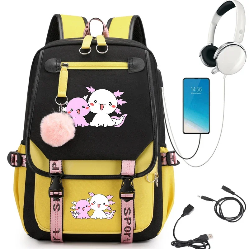 College student school backpack bag cute axolotl kawaii school bags USB charging bagpack travle laptop bookbag primary bookabg