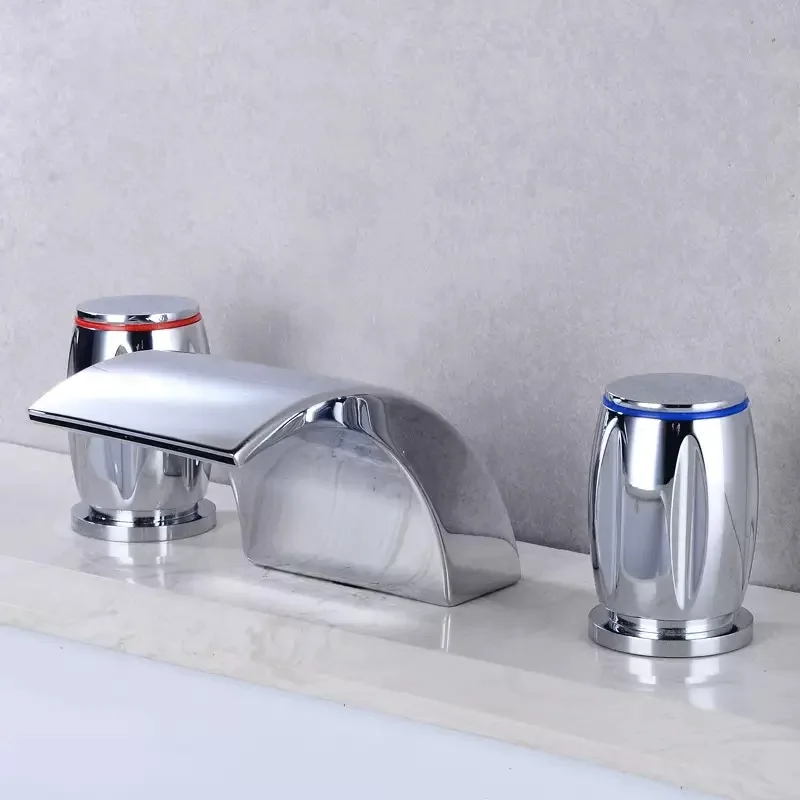 Basin Waterfall Faucet Hot and Cold All Copper Bathtub Basin Faucet Double Handle Three-Hole Undermount Basin Waterfall Faucet