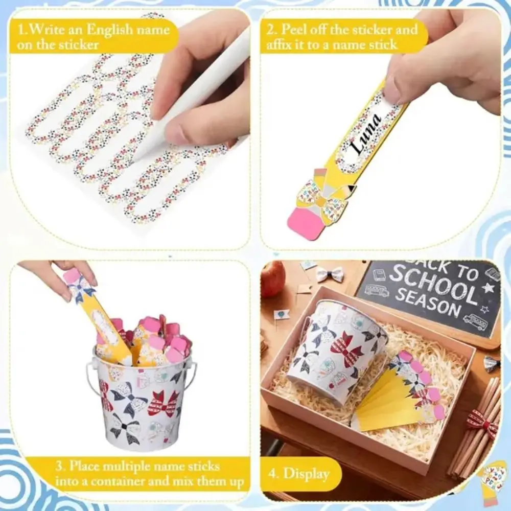 Metal Storage Bucket Teacher Name Stick Set Reusable Blank Adhesive Stickers Student Name Sticks Random Draw Themed Patterns