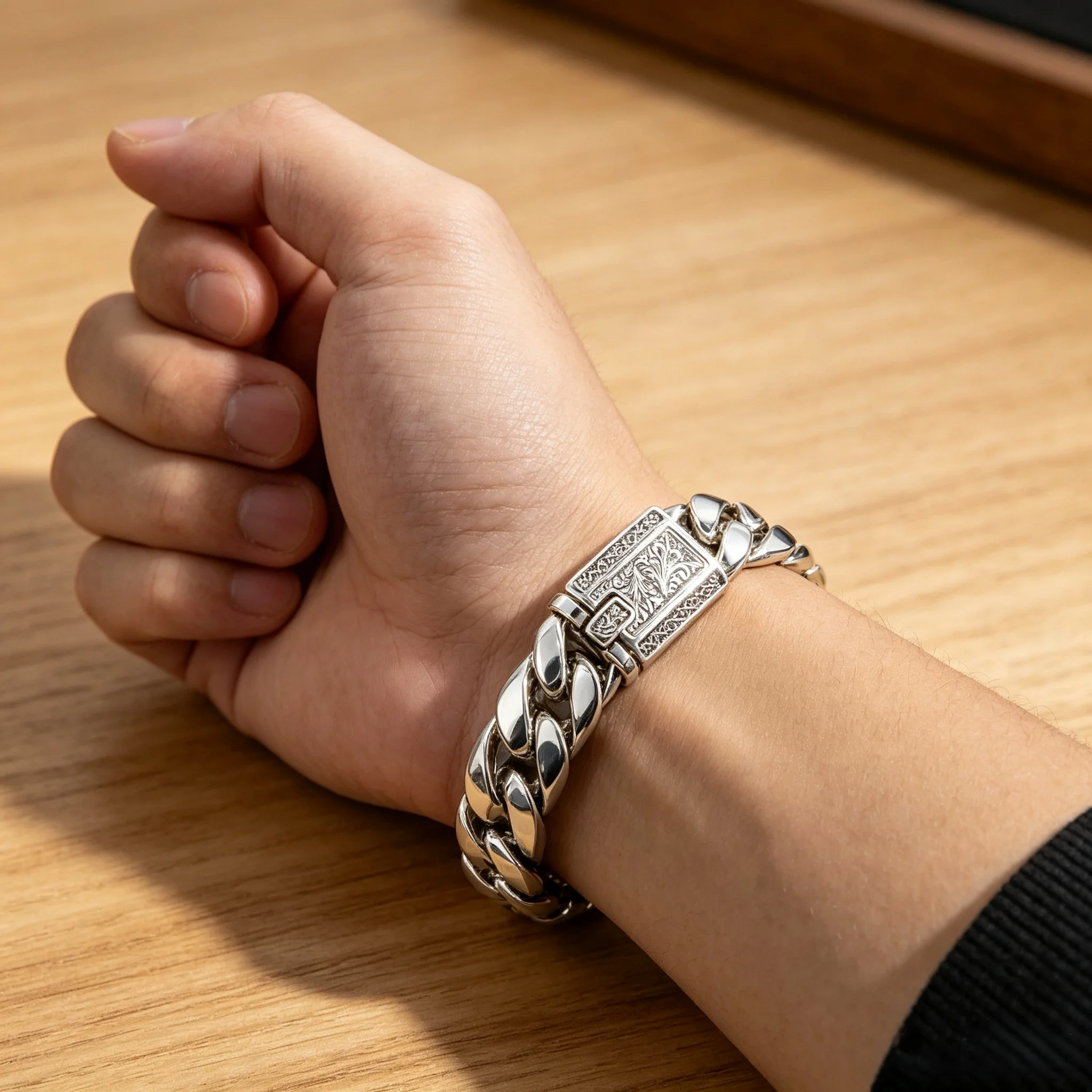 S925 sterling silver Heavy Solid Smooth Cuban Bracelet Men Bright Polished Curb Chain Antique Engraved Clasp Luxury Jewelry