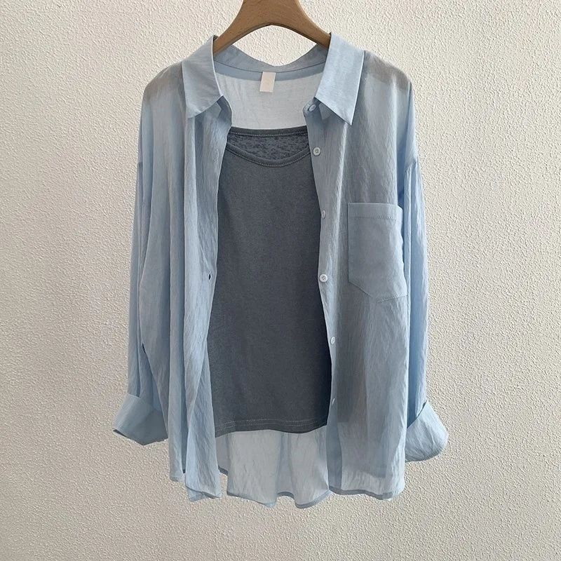 Fashionable Simple Summer Shirt Women's New Style Sun Protection Lazy Casual Loose Top Versatile Thin Soft Silk Fabric Polo Neck