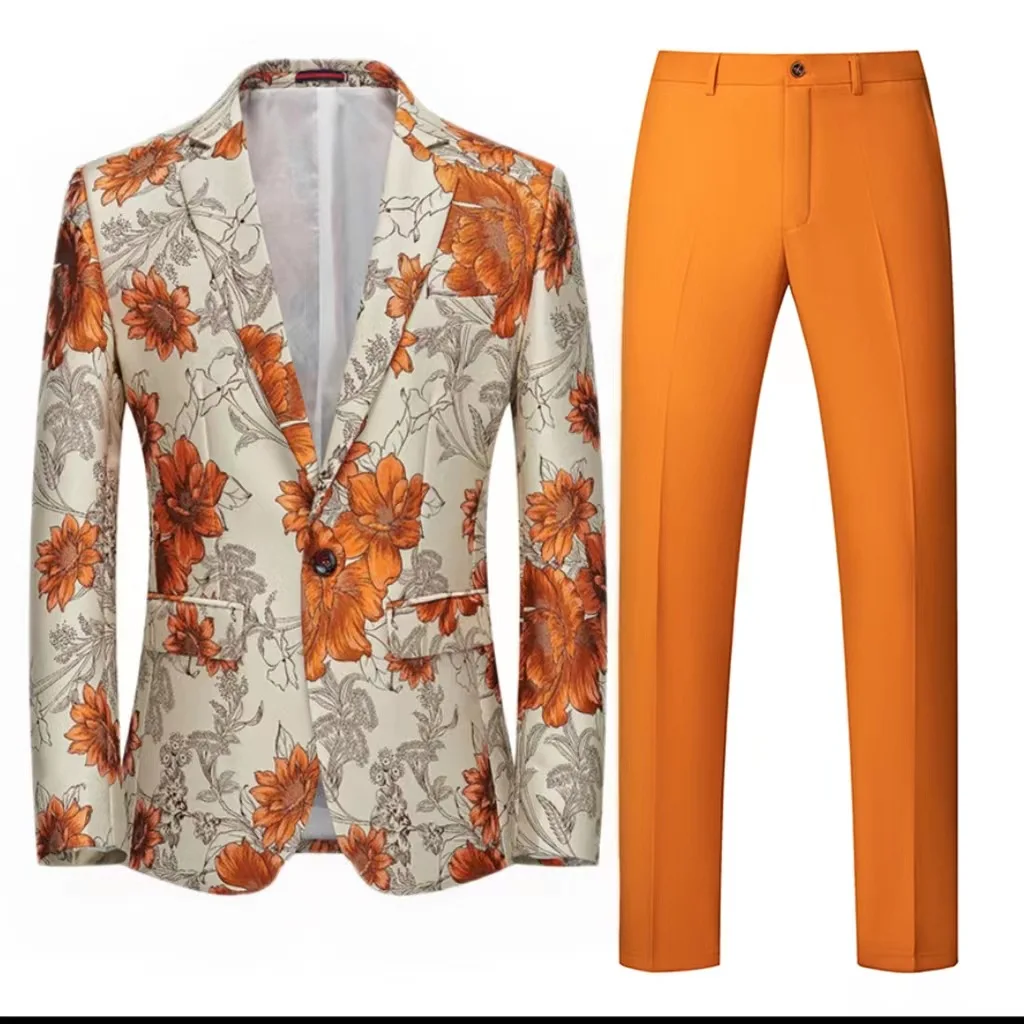 

Springa Autumn New Fashion Men's Casual Trendy Slim 2 Pieces of Suits Sets Printed Turn-down Collar Blazers Solid Color Pants