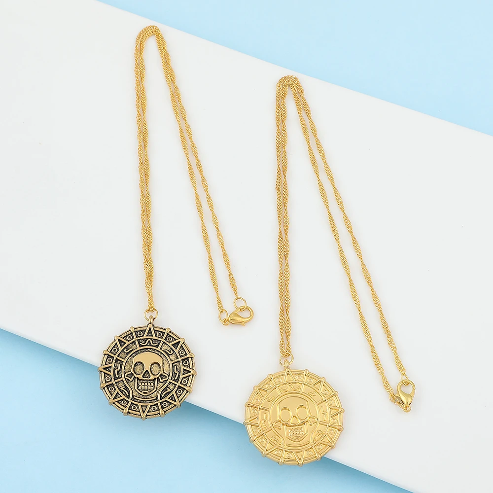 Vintage Skeleton Heads Coin Medallion Necklace Personalized Hip Hop Style Skull Accessories for Men and Women