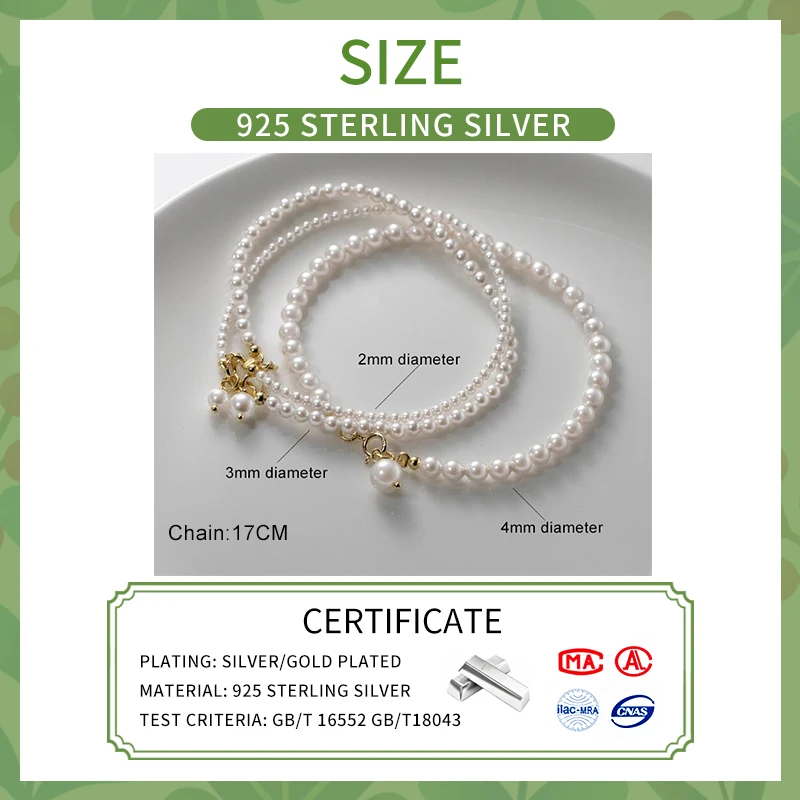 INZATT Real 925 Sterling Silver 2/3/4mm Pearl Bead Chain Bracelet for Women Minimalist Fine Jewelry Minimalist Accessories