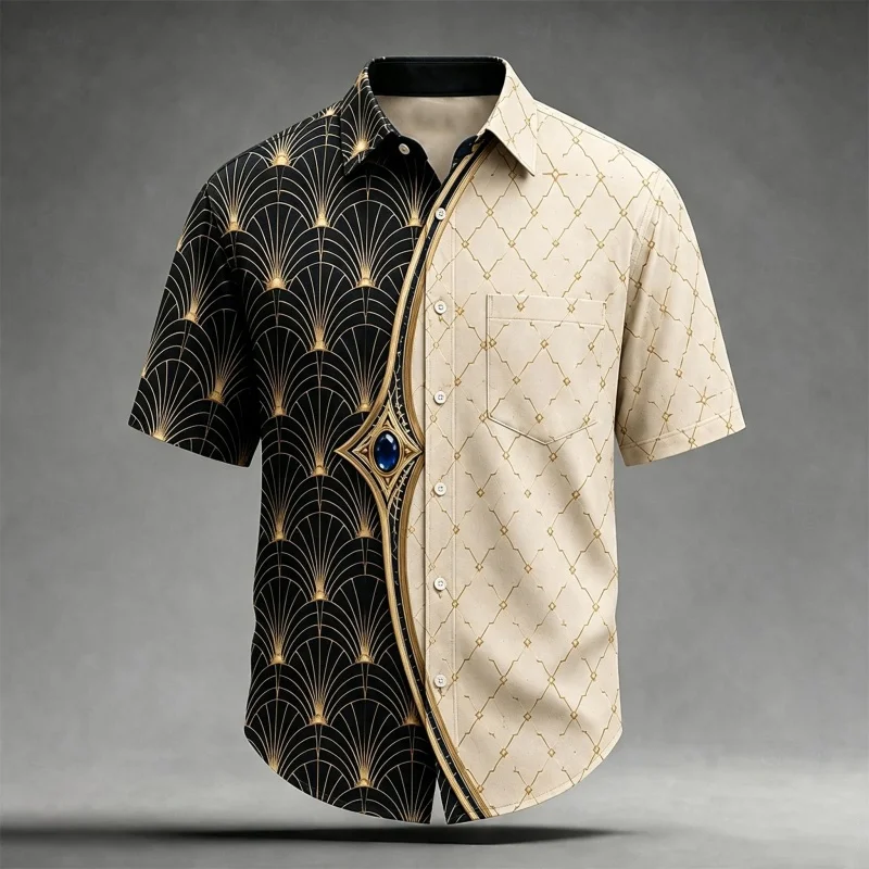 2026 New Men's Shirt Vacation Style Asymmetric Splicing Printed Short Sleeve Shirt Trendy Retro Collar Cardigan Men's Wear