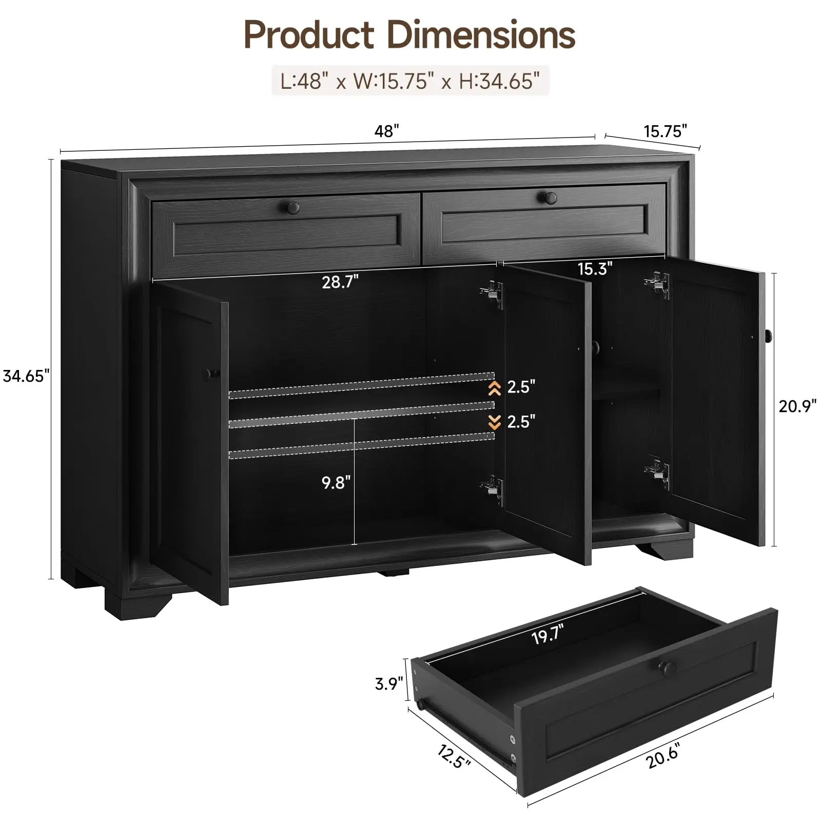 48 Inches Sideboard Buffet Cabinet with Storage, Black Wood Coffee Bar Cabinet, Buffet Table, with 2 Drawers and 3 Doors
