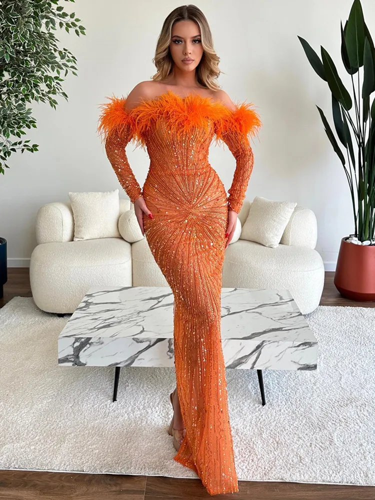 Women Sexy Off Shoulder Mesh Sequins Feather Maxi Long Orange Bodycon Dress 2024 Elegant Party Evening Stage Performance Vestido