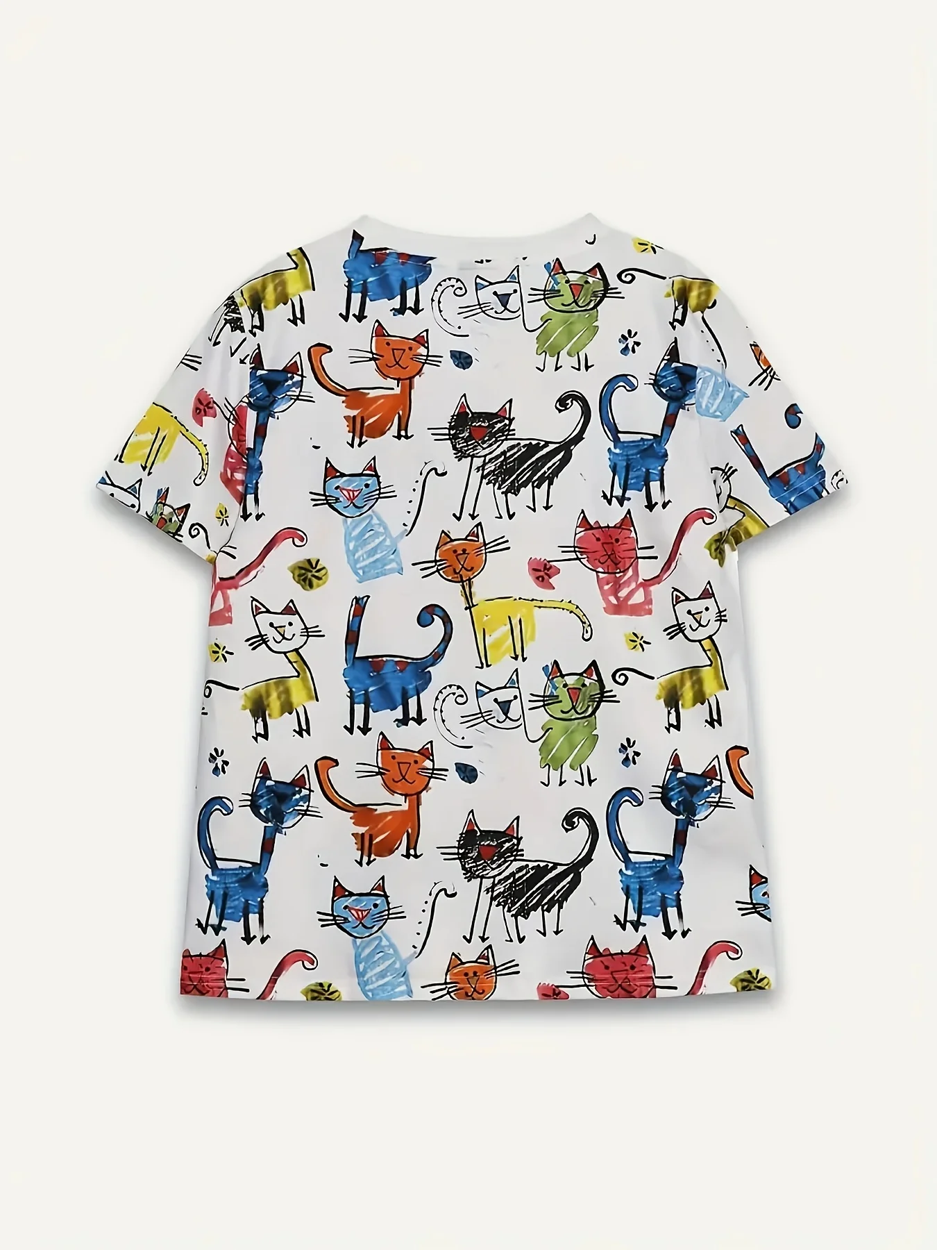 White Colorful Cats Women's Tee - Playful Cat Doodle Graphic, Cute Cartoon Print Design for Casual Daily Wear