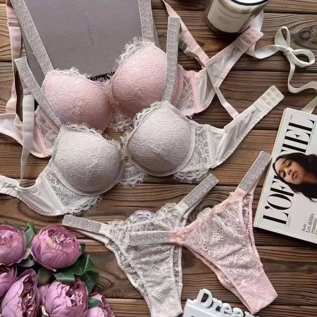 VS Women's Lingerie Set 2 Pieces Push Up Bra and Panties Summer Pink Lace Rhinestone Letters Brand Design Lingerie Bra