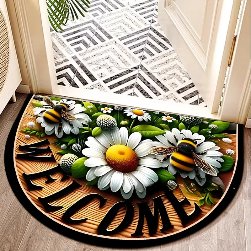 Washable,Semicircular Welcome Doormat with Flower and Bee Design, Non-Slip Washable Polyester Entrance Mat for Indoor/Outdoor