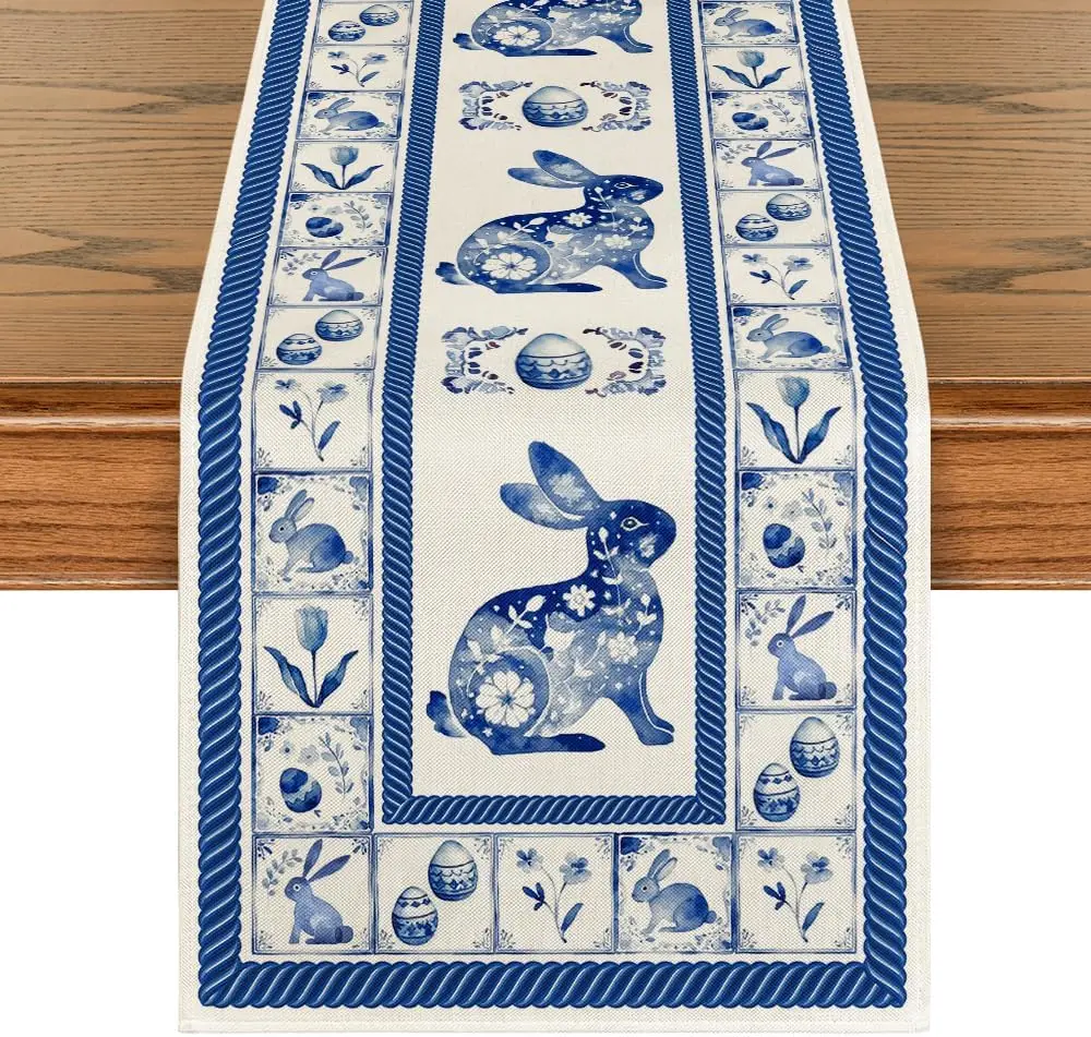 Easter Bunny Eggs Blue White Porcelain Linen Table Runner Party Decor Spring Kitchen Dining Table Runner Easter Decorations
