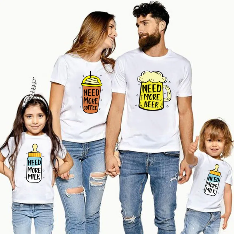 Family Matching Outfits Need More Beer Coffee Milk Funny Family Look T shirt Baby Clothes Father Mother Daughter Son T-shirts