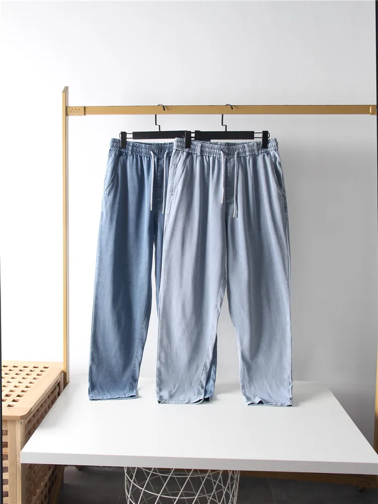 

Comfortable Men's Summer Denim Pants Elastic Waist Loose Fit Straight Leg Casual Faion Youthful Trendy Long Trousers