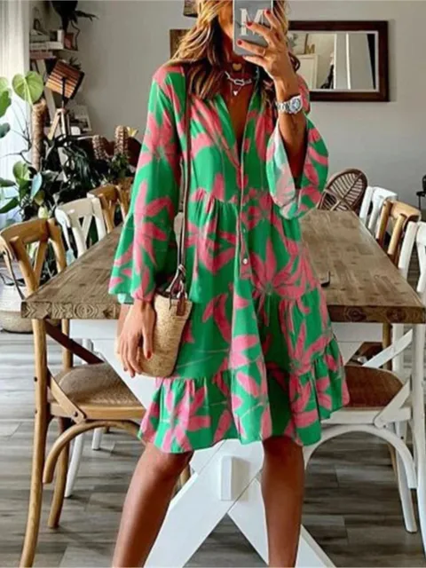 Bohemian Print Mini sukienki moda damska dekolt w serek rozkloszowany rękaw luźna krótka sukienka na co dzień wakacje na plaży Vestidos damskie kostiumy kąpielowe