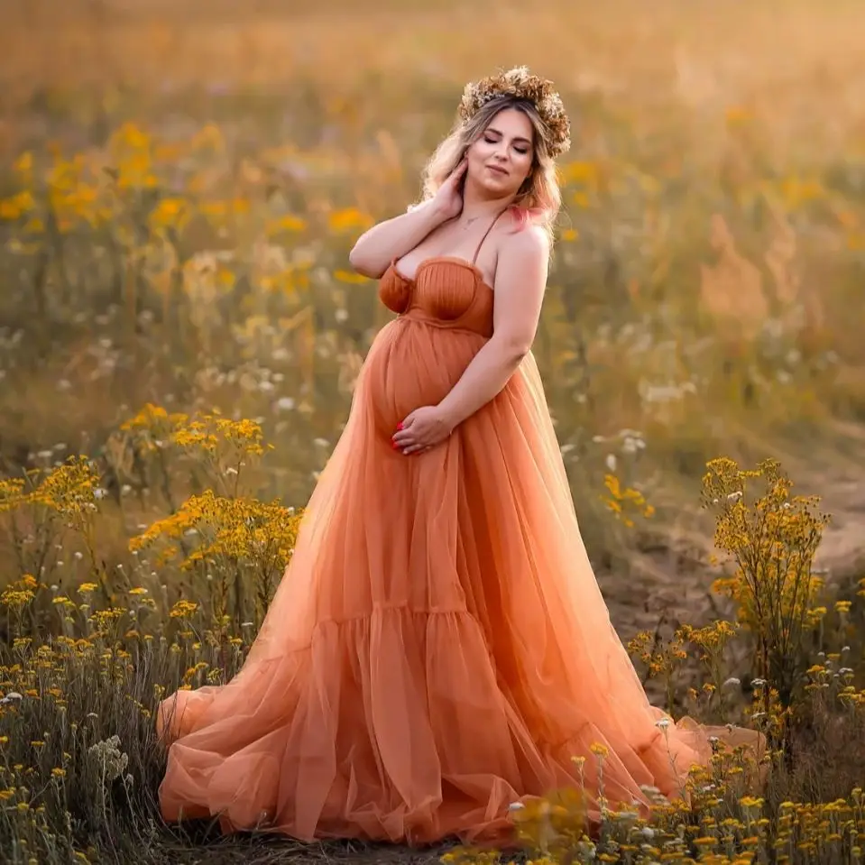 

Dusty Orange Women Maternity Gowns Halter Sleeveless Sweetheart Pregnancy Photography Robes Sexy Front Split Baby Shower Dresses