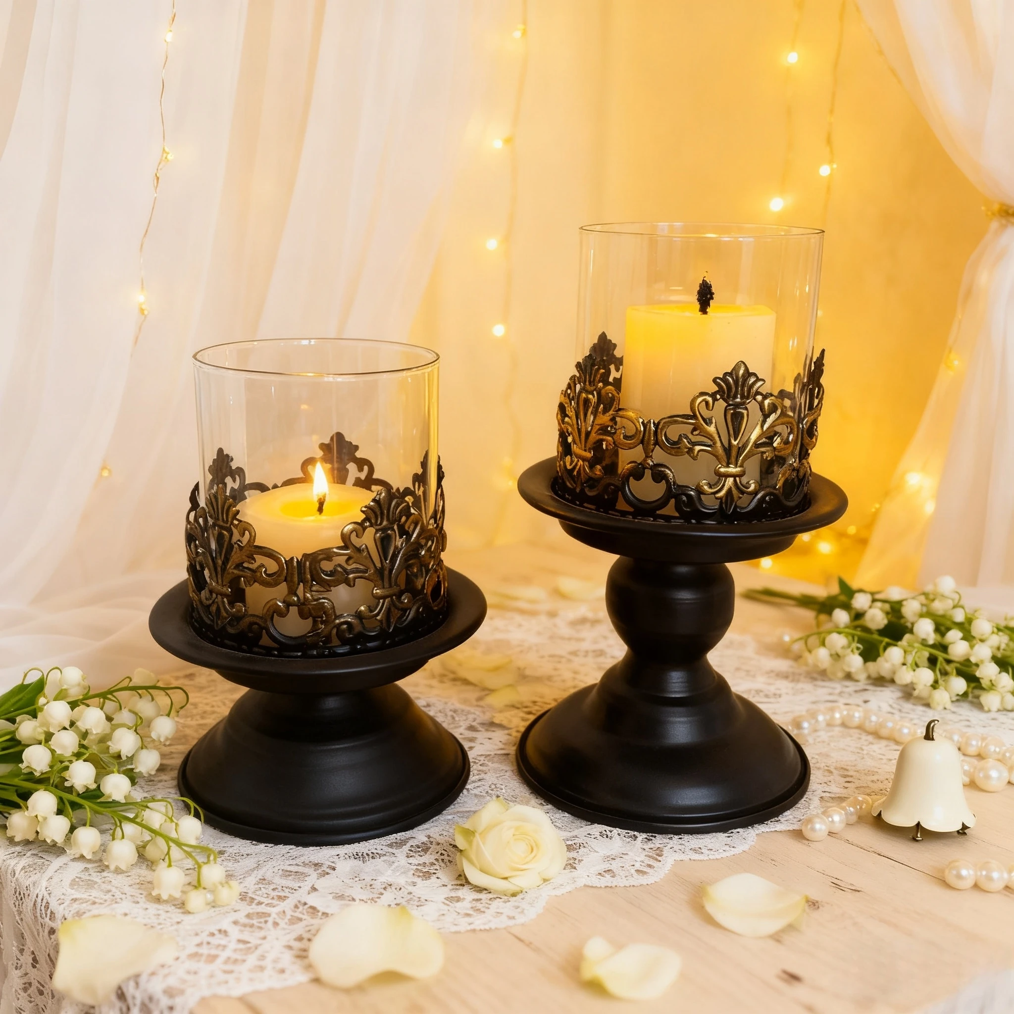 

2pcs Black Pillar Candle Holder Candlestick Holder Rustic Glass for Dinner Desk Tabletop Ornament