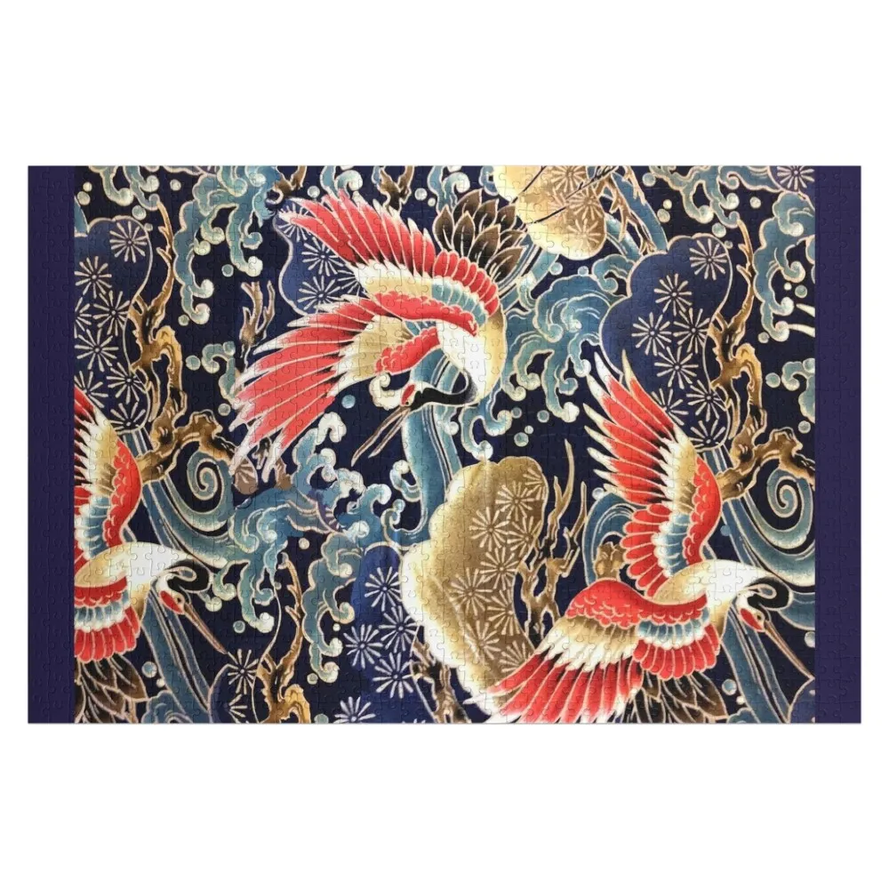 

JAPANESE FLYING CRANES ,FLOWERS, SEA WAVES RED NAVY BLUE FLORAL Jigsaw Puzzle Personalised Wood Adults Custom Child Gift Puzzle