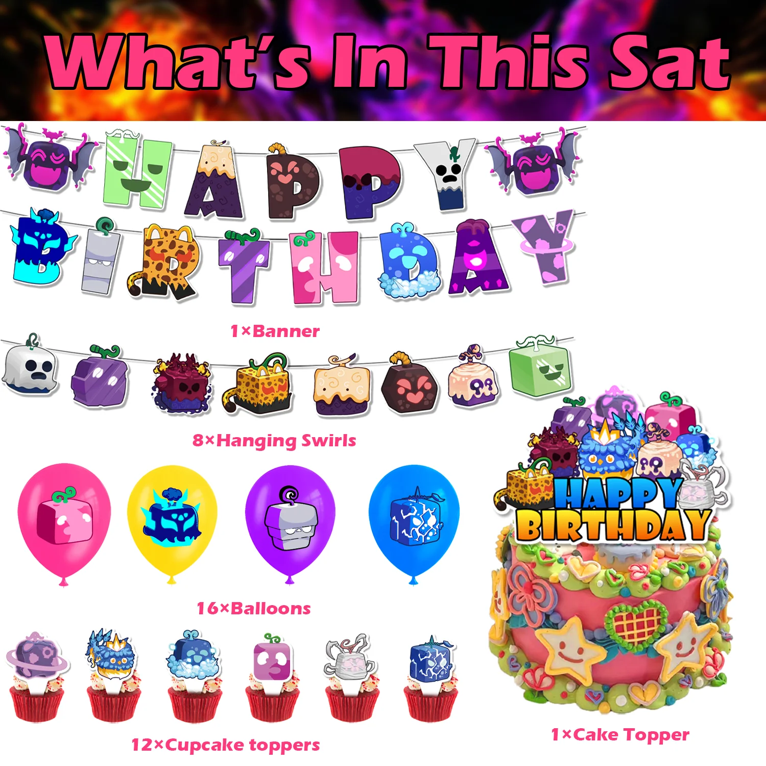 Cartoon Blox Fruits Themed Birthday Party Decoration  Balloon Banner  Cake Topper Game Box  Party Supplies Kids Boys Baby Shower