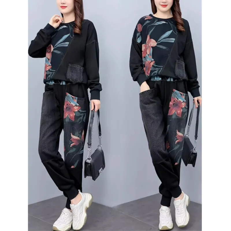 Casualowe bluzy damskie 2024 Jesień Zima Nowa Mama O-Neck Pullover Tops + Modna dżinsowa bluza z kapturem Dwuczęściowy zestaw strojów W129