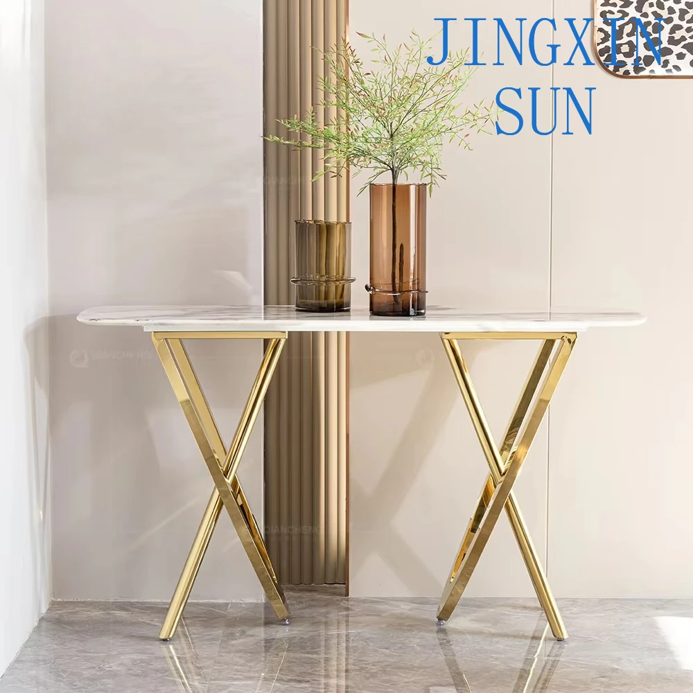 Baroque White Faux Marble Italian Design Middle Eastern Stainless Steel Long Entrance Console Table